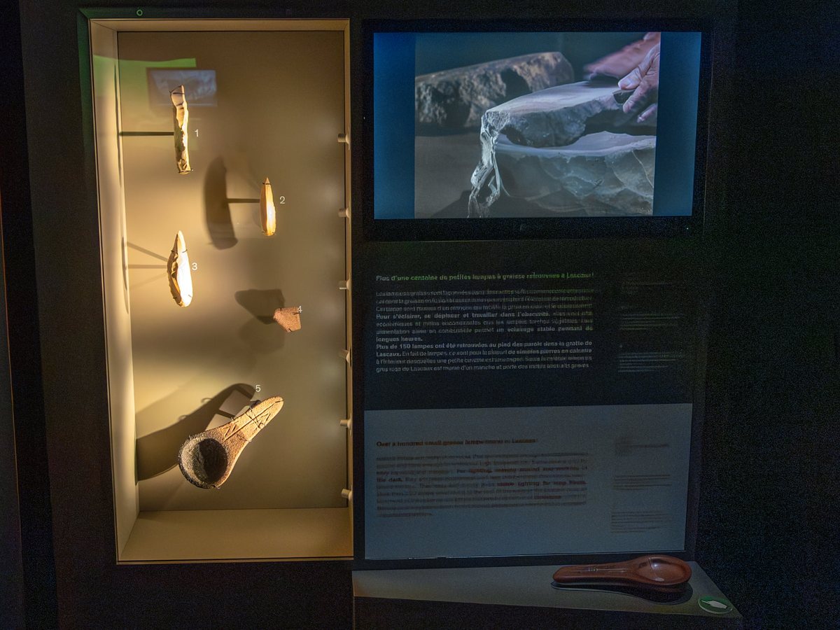 Vitrine d’objets archéologiques face à un écran, dans le module « La vie il y a 21 000 ans »